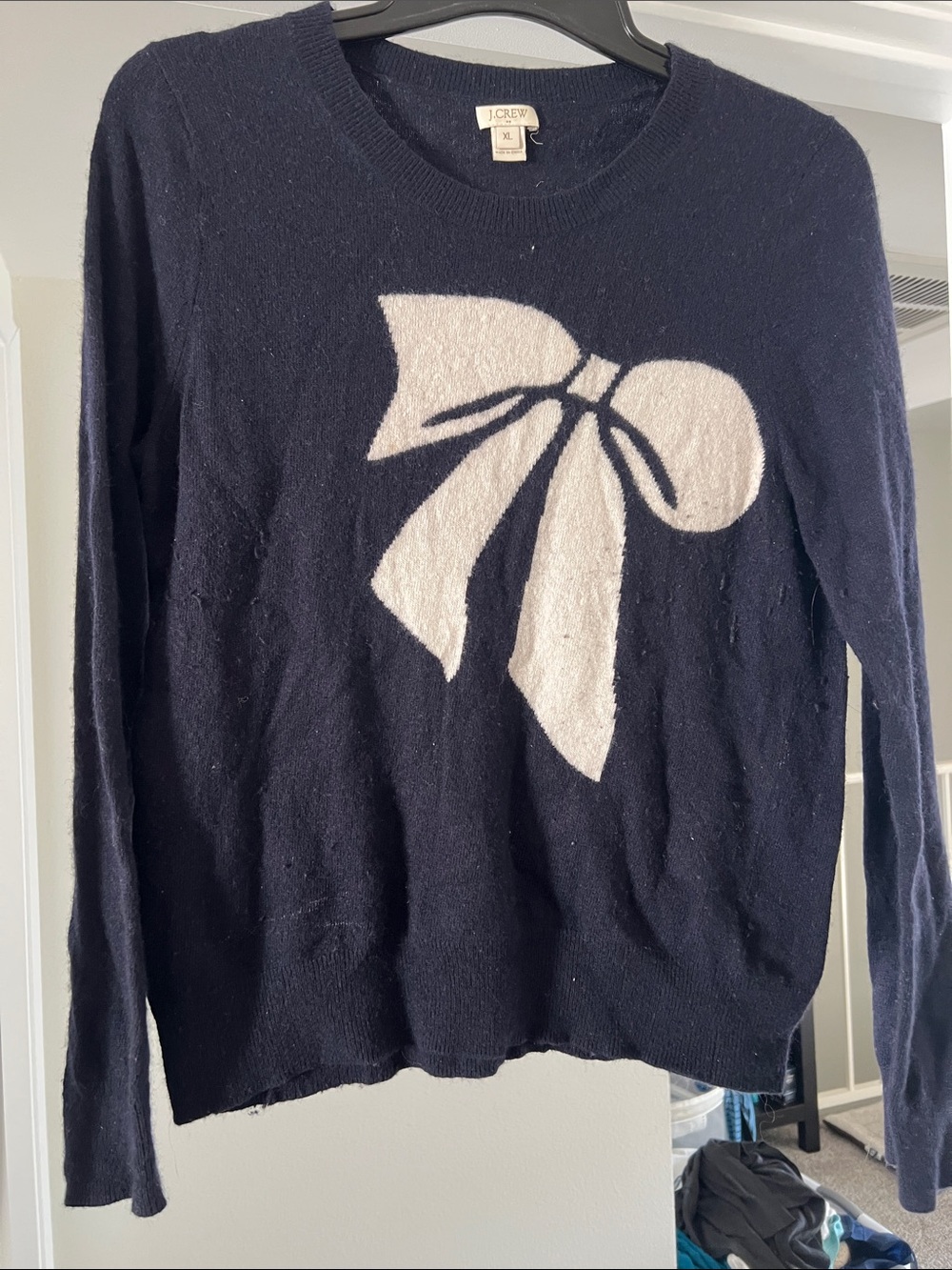 J. Crew Navy Sweater with Cream Bow